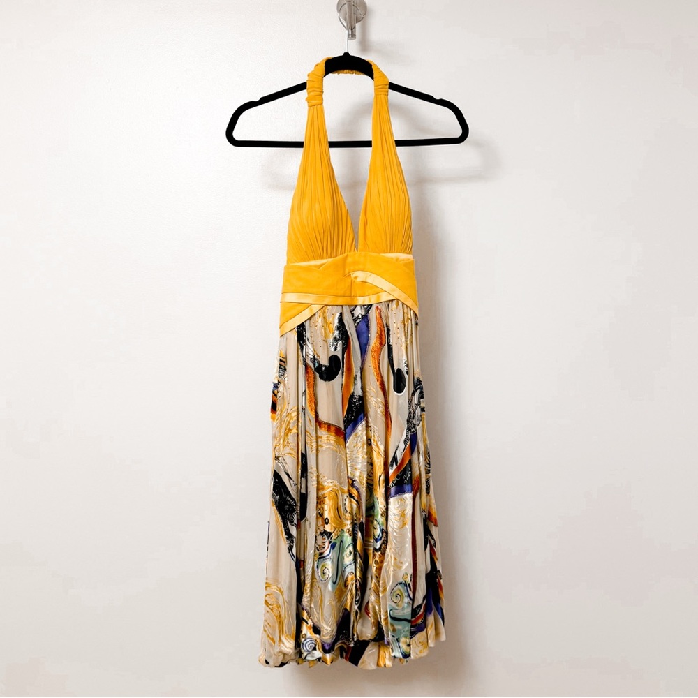 Nina Austin Silk Multicolored Abstract Halter Midi Dress Yellow Orange Small
